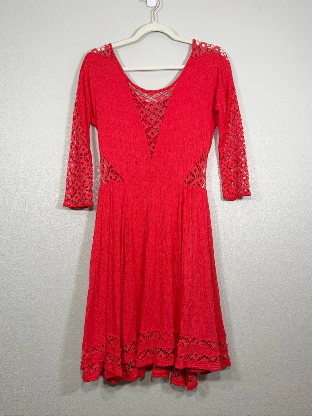 Free People To The Point Dress Coral Red Lace Cut Outs Flare Bohemian Women M